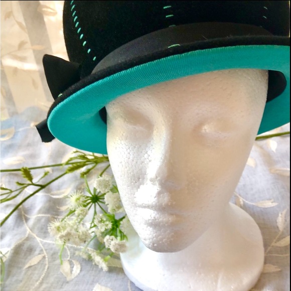 Gorgeous VINTAGE Womens Cloche Gatsby Hat Turquoise and Black - Size XS - Picture 4 of 15